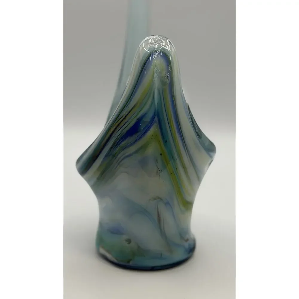 Vintage Hand Blown Art Glass Swan Vase Blue Slag Swirl MCM 10.5”